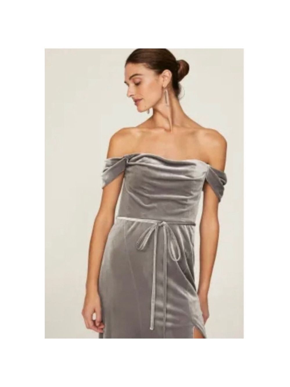 Women's Marchesa Notte Grey Velvet Off-Shoulder Maxi Gown 6